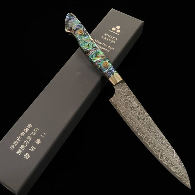 二唐刃物鍛造所 NIGARA ペティ SG2 暗紋 ダマスカス 螺鈿柄 (150mm)