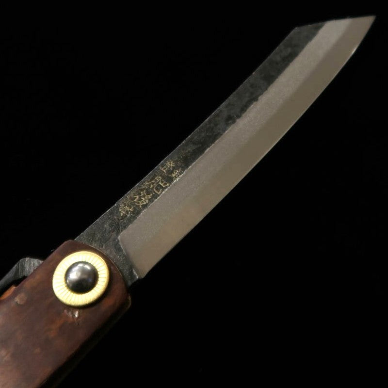 Japanese Folding knife HIGONOKAMI  Blue Steel Black finish Birch craft (72mm)