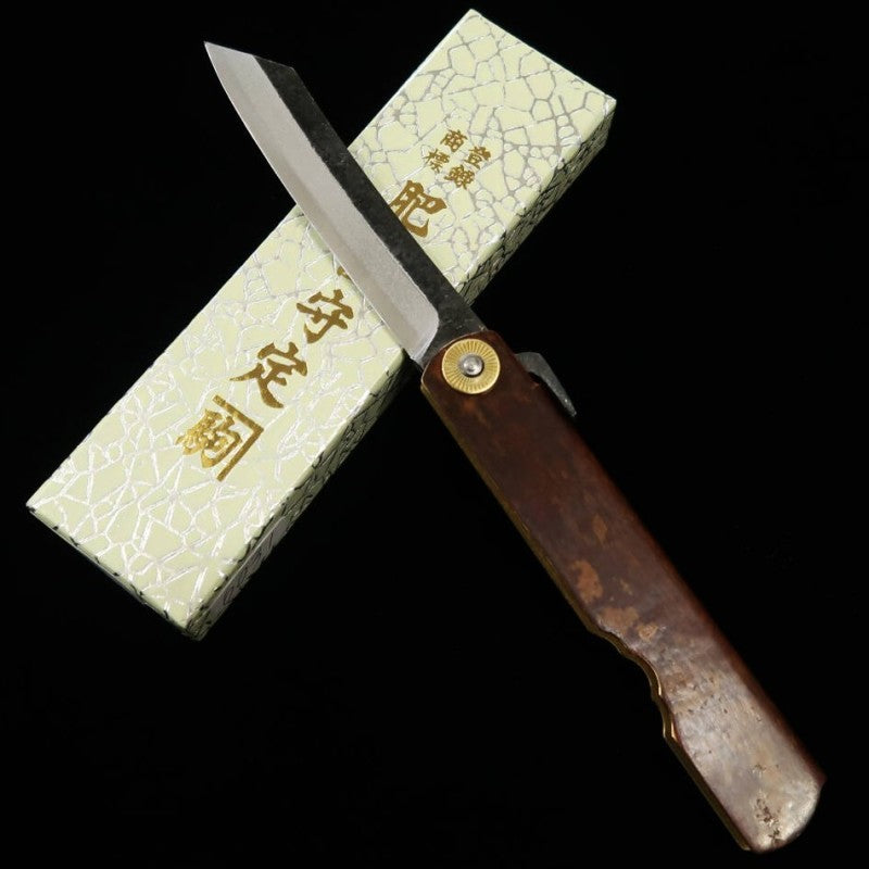 永尾かね駒製作所 HIGONOKAMI 肥後守 青紙割込 黒打ち 樺細工 (72mm)
