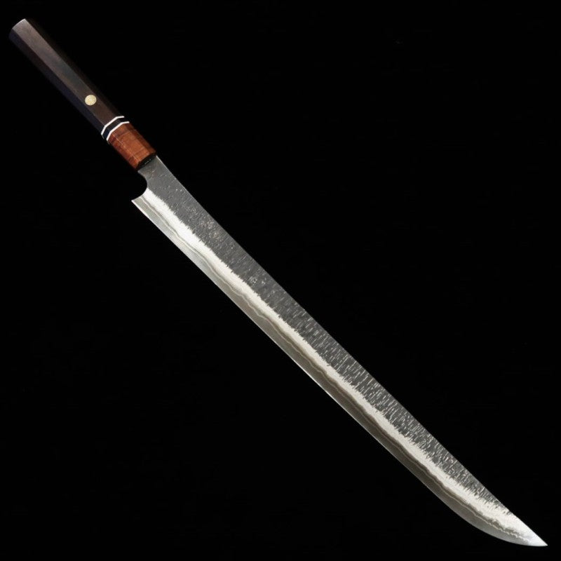 二唐刃物鍛造所 NIGARA  先丸筋引 黒打ち 鎚目 ダマスカス 黒檀八角柄 (450mm)