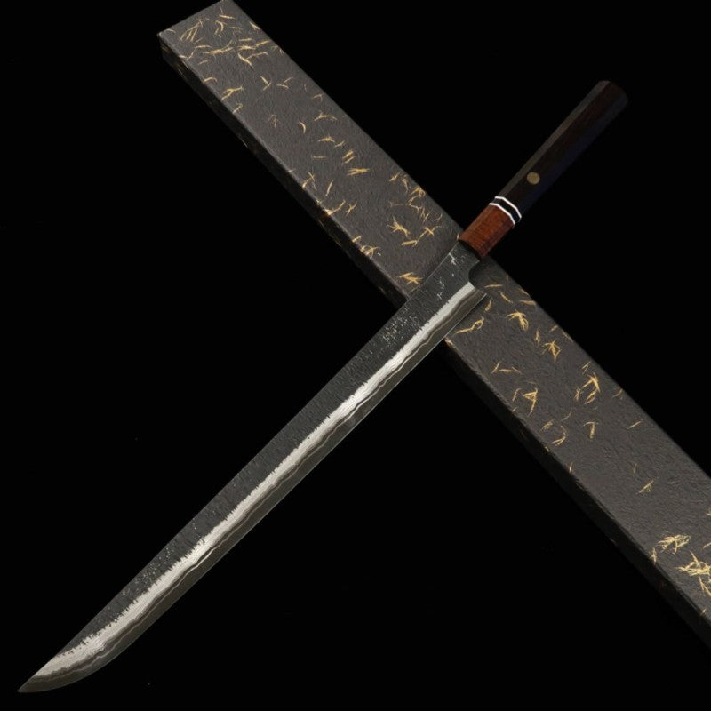 二唐刃物鍛造所 NIGARA  先丸筋引 黒打ち 鎚目 ダマスカス 黒檀八角柄 (450mm)