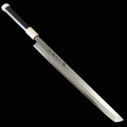 SUISIN Suisin Kenji Togashi Acier Blanc No.1 Forgé à la main Takobiki pointe ronde Fourreau laqué Manche double anneau ébène/blanc (300/330mm)
