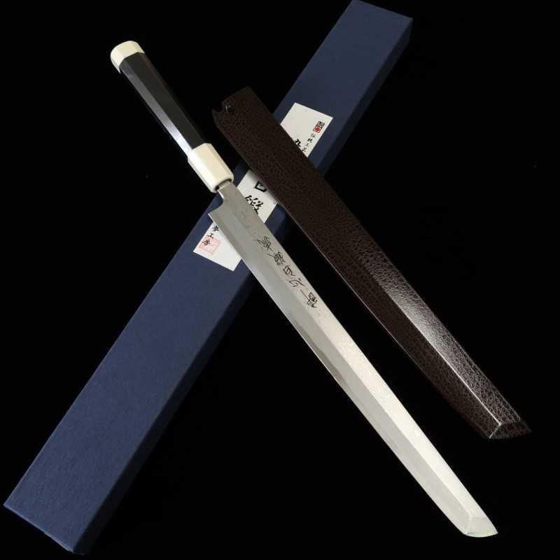 Sakimaru Takobiki SUISIN, obra de Kenji Togashi, forja blanca, Shirogami no.1,  con funda lacada, mango de ébano y hueso (300/330mm)