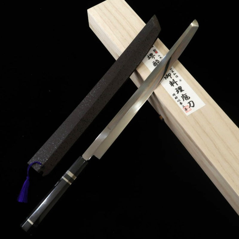 SUISIN Sakimaru Takohiki Mizuhonyaki Yoshikazu Ikeda Shirogami No. 1 Ebony silver-wrapped handle Full mirror finish Lacquered sheath Paulownia box Nishiki bag (360mm) 