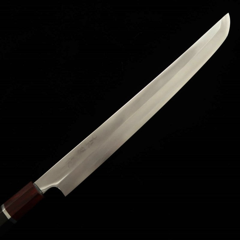Tadokoro Hamono TADOKORO HAMONO obra Makoto, acabado espejo, Gingami nº3, tako-hiki de punta redondeada, mango de ébano con virola roja (300 mm)