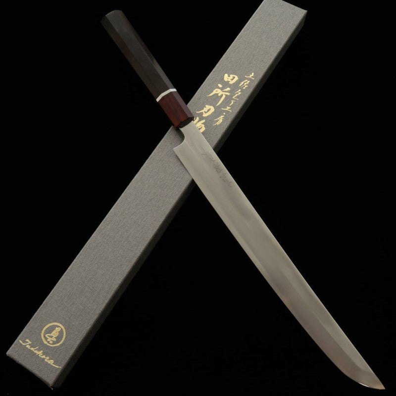 Tadokoro Hamono TADOKORO HAMONO obra Makoto, acabado espejo, Gingami nº3, tako-hiki de punta redondeada, mango de ébano con virola roja (300 mm)