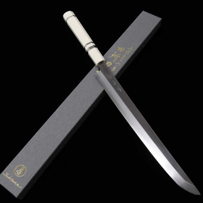 TADOKORO HAMONO Sakimaru Takohiki Ginsan Mirror Finish Imitation Ivory Handle (300mm)
