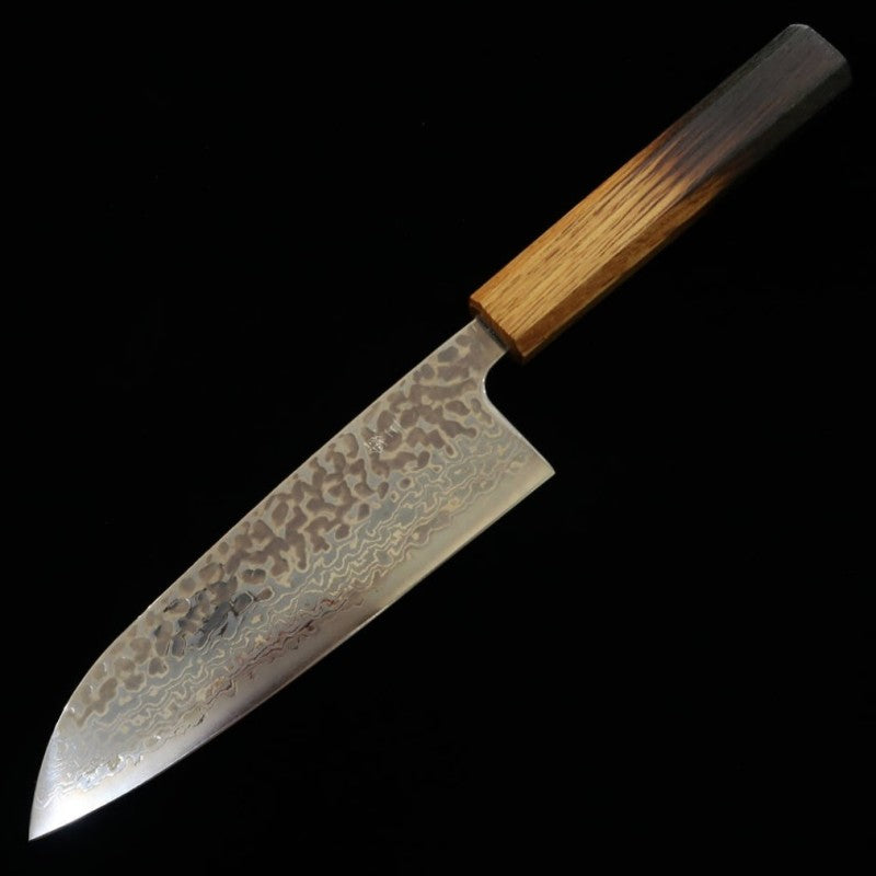 Miura, Santoku, acier Gin-3, damas blanc, martelé, manche laqué (165 mm).