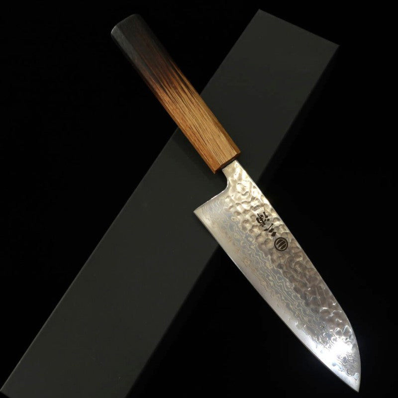 Miura, Santoku, acier Gin-3, damas blanc, martelé, manche laqué (165 mm).