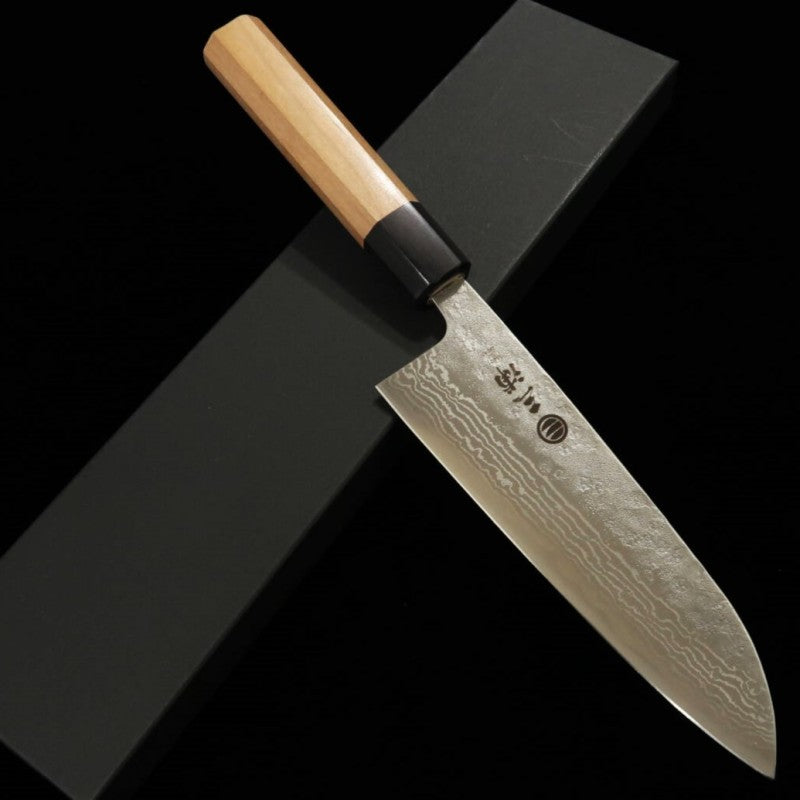 MIURA Santoku 440C Finition satinée Damas Manche octogonal en cerisier (165mm)