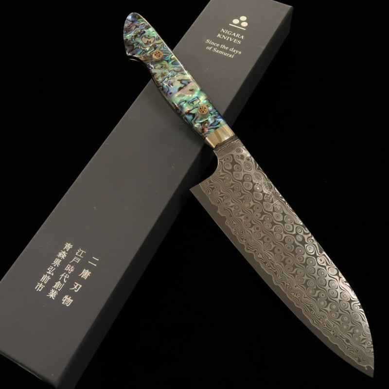 二唐刃物鍛造所 NIGARA 三徳 SG2 暗紋 ダマスカス 螺鈿柄 (180mm)