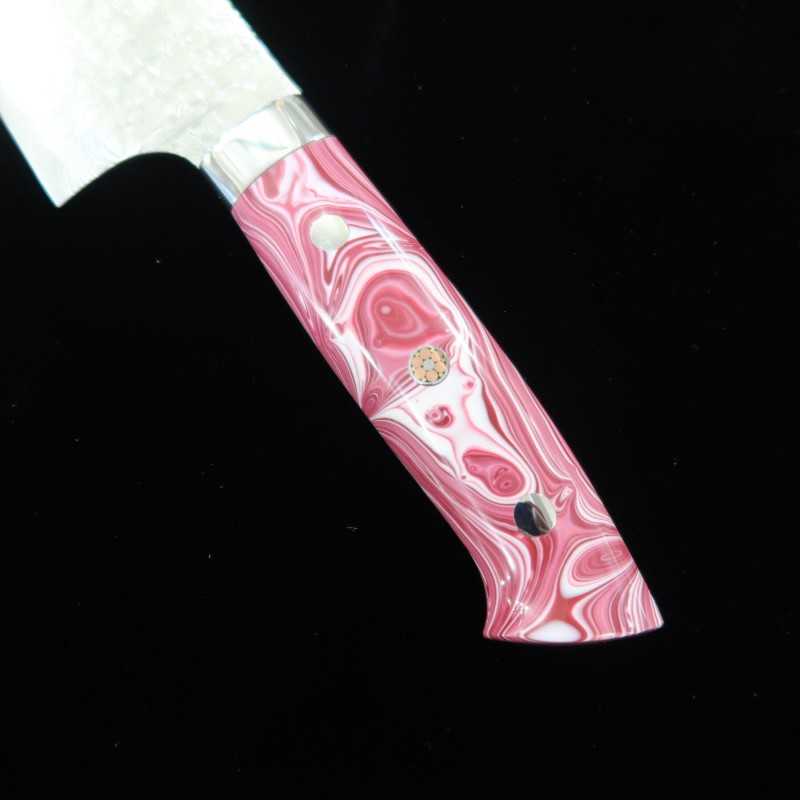 Santoku Takeshi Saji R2 Acabamento diamante Vermelho e Branco Turquesa (180mm)