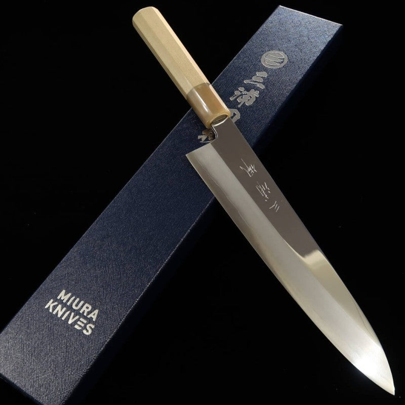 Gyuto de un solo filo MIURA OBIDAMA Nakagawa Satoshi, Ginsan, acabado espejo, mango octogonal de magnolia (240mm)