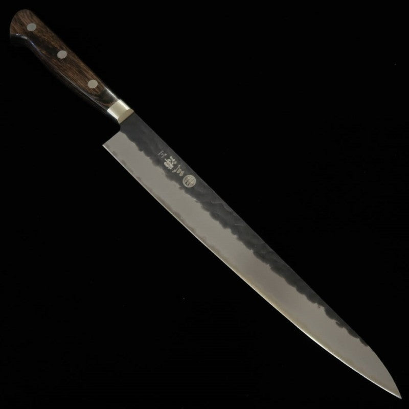 MIURA Sujihiki Aogami Super Hammered Black Finish Dark Brown Handle (240mm) 