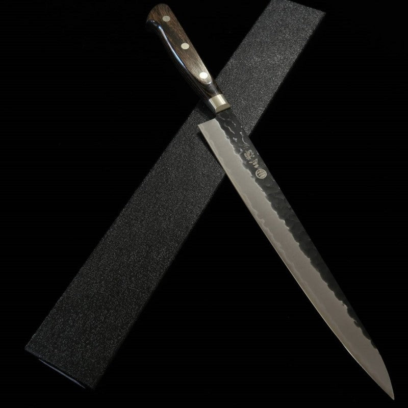 MIURA Sujihiki Aogami Super Hammered Black Finish Dark Brown Handle (240mm) 