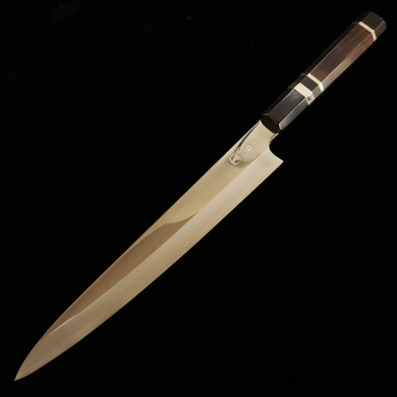 Tadokoro Hamono Makoto, finition miroir, acier Gin-san n°3, Sujihiki, manche ébène avec virole argentée (240mm)