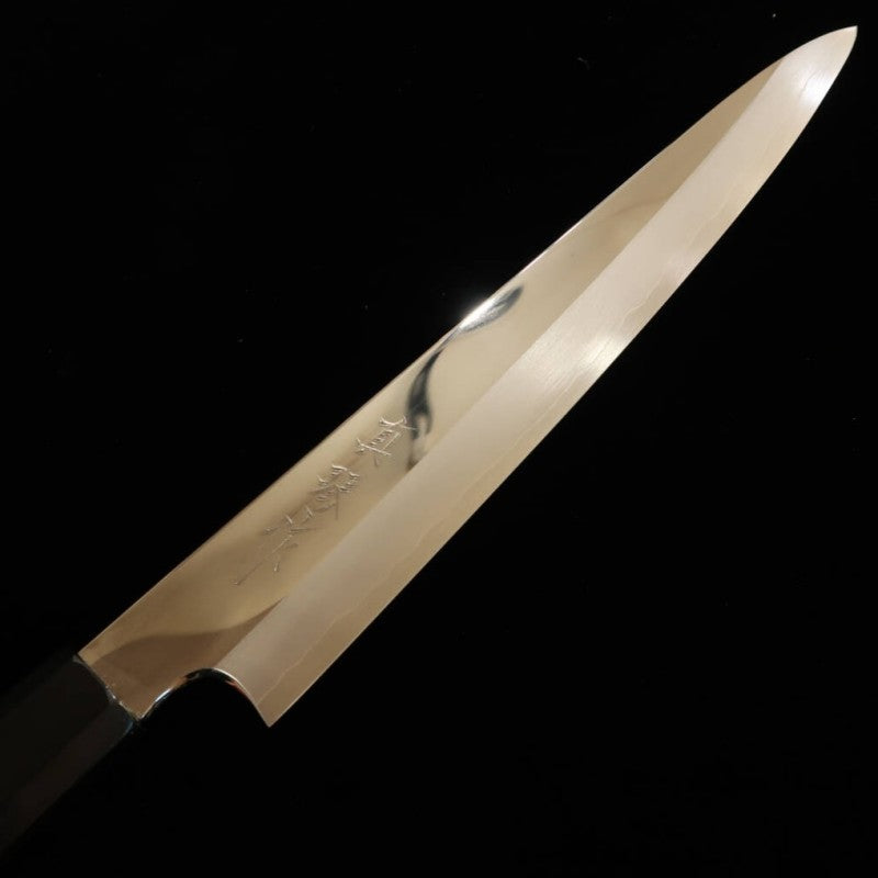 Tadokoro Hamono Makoto, finition miroir, acier Gin-san n°3, Sujihiki, manche ébène avec virole argentée (240mm)