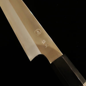 Tadokoro Hamono Makoto, finition miroir, acier Gin-san n°3, Sujihiki, manche ébène avec virole argentée (240mm)