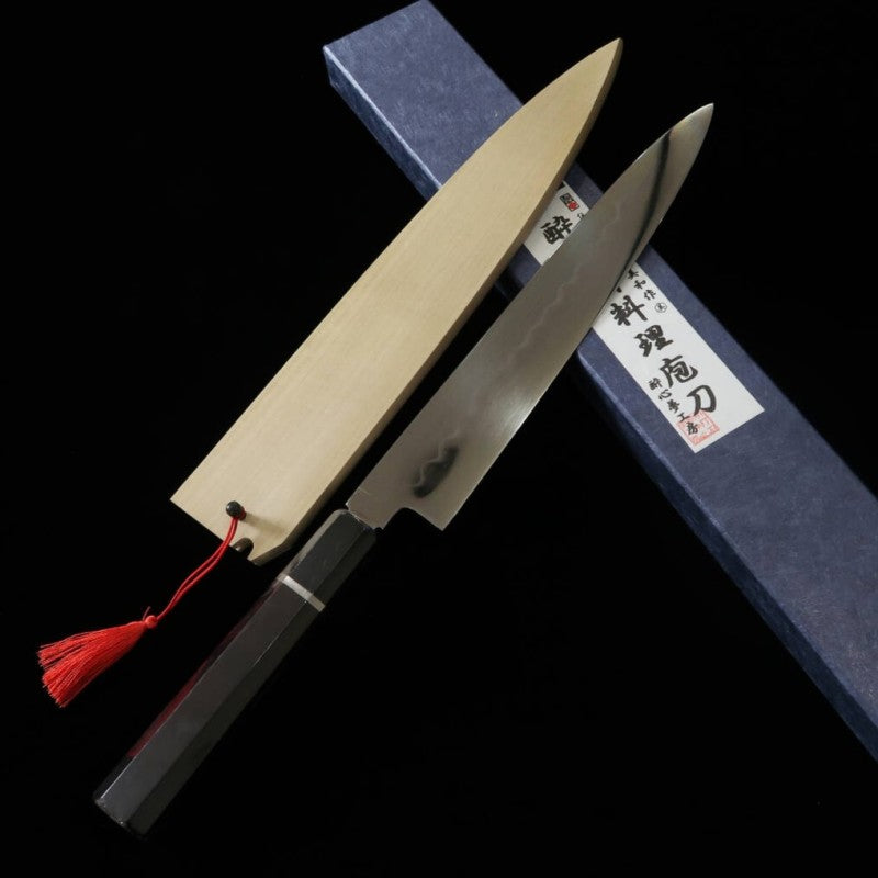 SUISIN Sujihiki Mizu-Honyaki Yoshikazu Ikeda Shirogami No. 1 Ebony silver-wrapped handle with magnolia sheath (240mm)