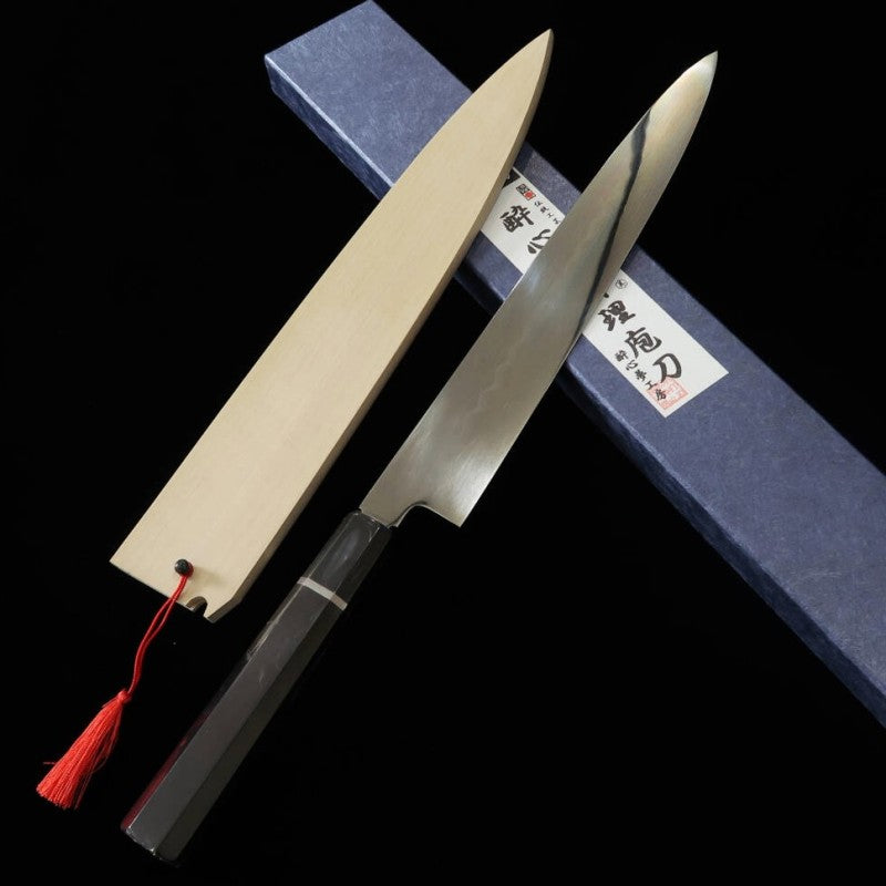 SUISIN Sujihiki Mizu-Honyaki Yoshikazu Ikeda Shirogami No. 1 Ebony wood handle with Magnolia sheath (270mm) 