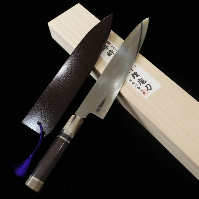 SUISIN Gyuto Fuji Mizu Honyaki Ikeda Yoshikazu Shirogami No. 1 Ebony Handle Full Mirror Finish Lacquer Sheath Nishiki Bag Paulownia Box (270mm)