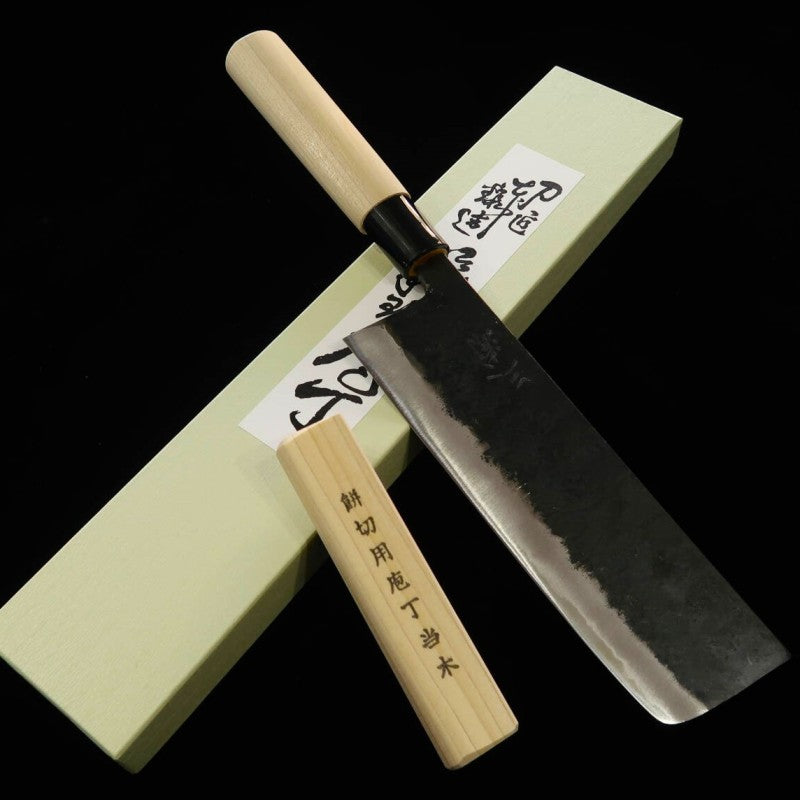 Miura Nakiri large (couteau à mochi) Acier Shirogami n°2 Finition noire Manche en magnolia avec cale en bois (185 mm)
