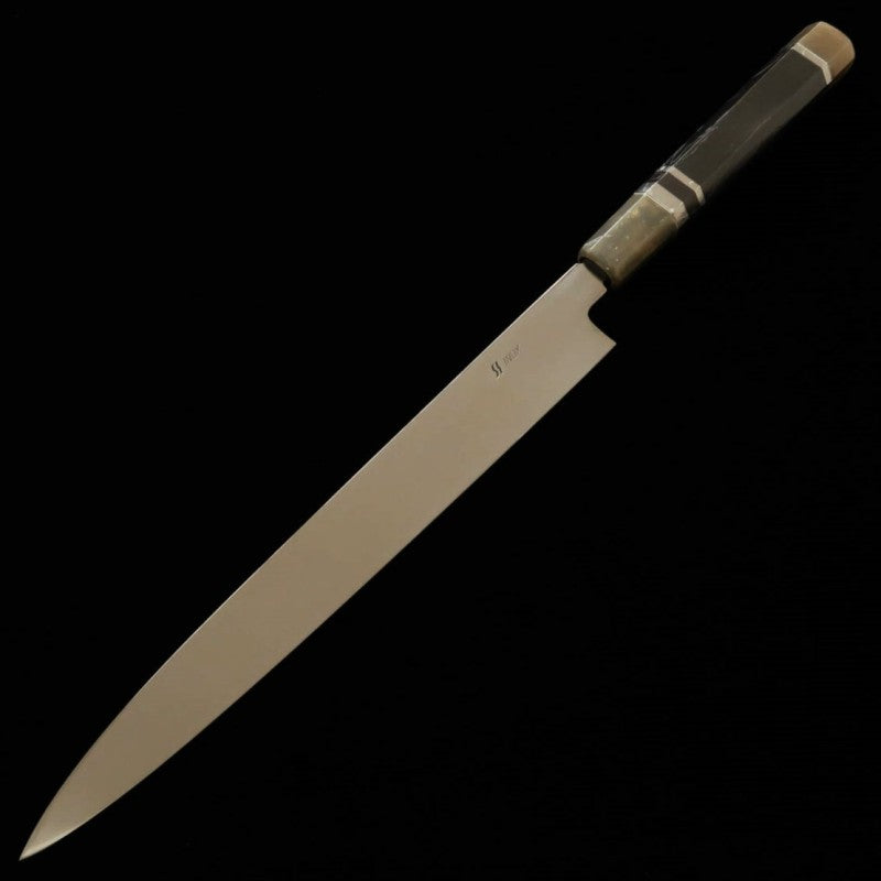 酔心 SUISIN INOX Honyaki Yanagiba, acabamento espelhado, cabo octogonal em ébano com revestimento prateado (270mm)