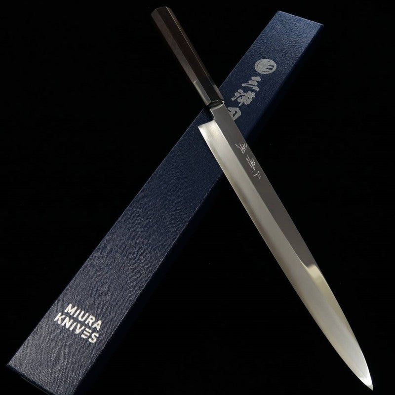 Yanagiba MIURA OBIDAMA Nakagawa Satoshi, VG10 acabado espejo, mango octogonal de ébano (270/300 mm)
