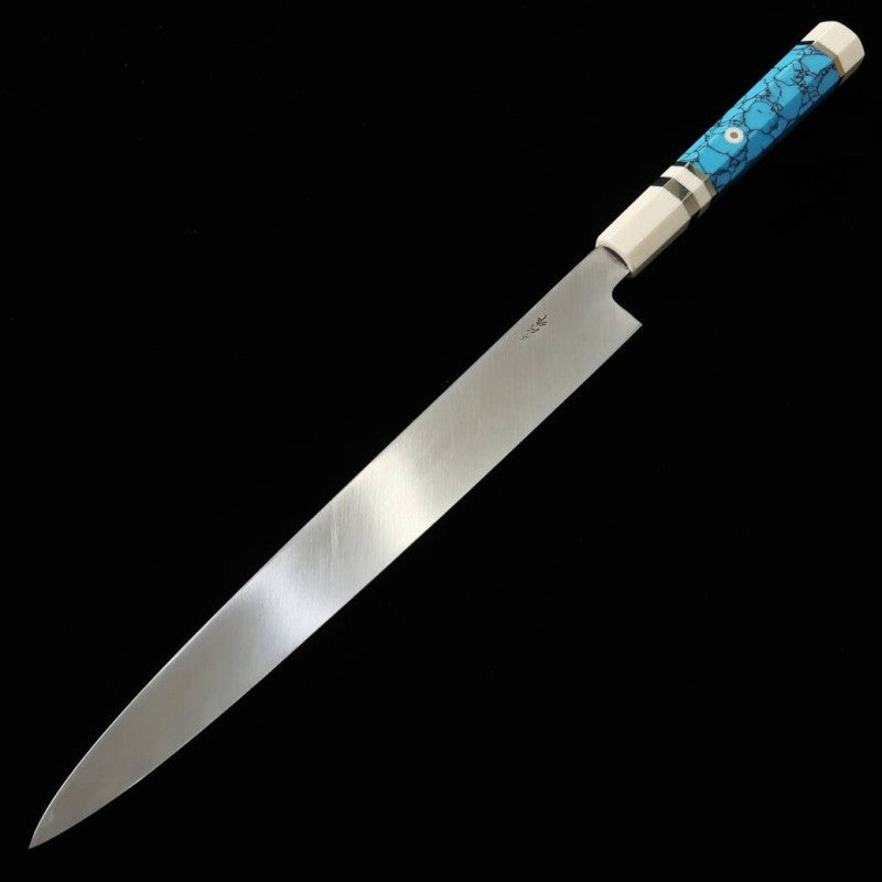 MIURA Obidama, Yanagiba, VG10, Finition miroir, Manche personnalisé turquoise (300mm)
