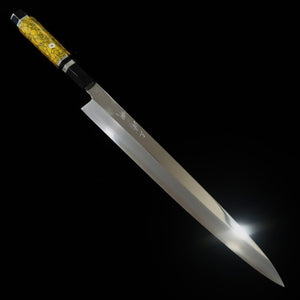 MIURA Obidama Yanagiba VG10 acabamento espelhado cabo personalizado amarelo (300mm)