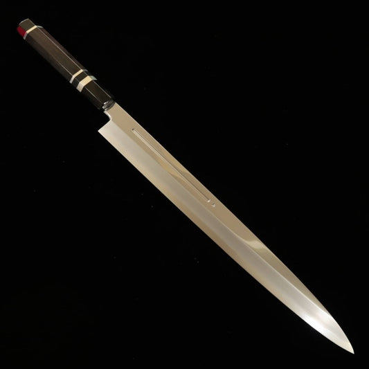 Yanagiba MIURA Ginsan Steel with Blood Streamer, Ebony Silver Wrap Handle, Magnolia Sheath (330mm)