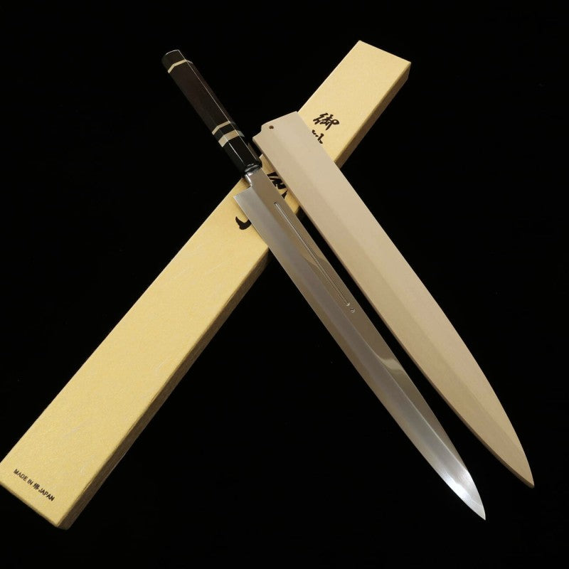 MIURA Gin-3 con canal de sangre Mango de ébano con virola de plata Funda de magnolia Yanagiba (330 mm)
