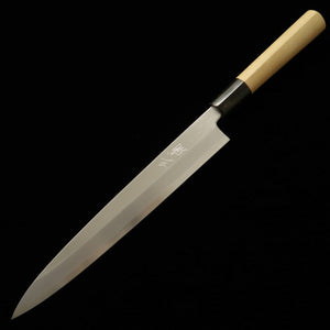 Miura 三浦 gama superior, yanagiba de acero blanco nº2, acabado kasumi, mango de magnolia tipo castaña, para zurdos (240/300 mm)