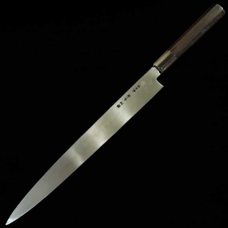 Yanagiba SUISIN obra de Ikeda Yoshikazu, shirogami no.2, acabado de espejo, mango de ébano y funda de magnolia (330mm)