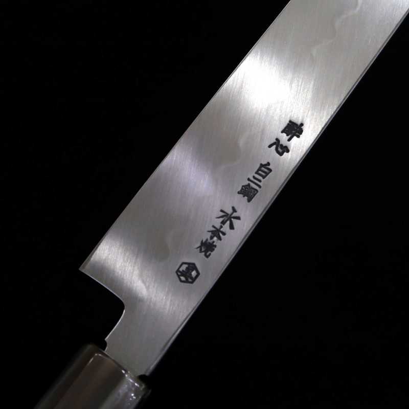 Suishin SUISIN por Miwa Ikeda, Yanagiba Mizumoto Yaki, aço branco nº 2, acabamento espelhado, cabo octogonal de ébano (300mm)