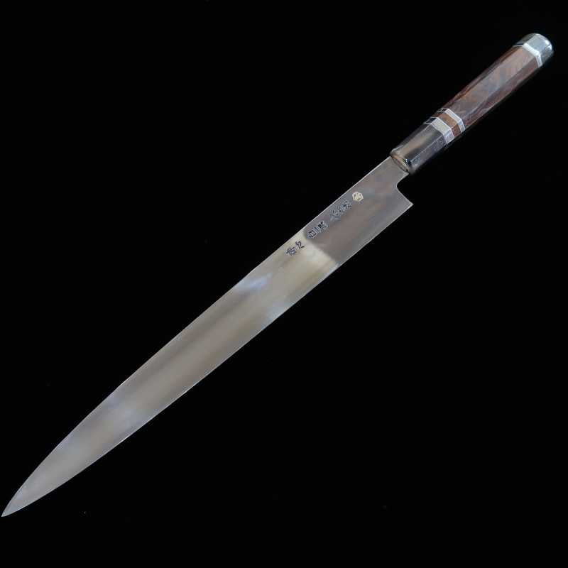  Yanagiba Honyaki SUISIN Shirogami nº 1 acabamento espelhado cabo customizado Forjada por Ikeda san (300 mm)