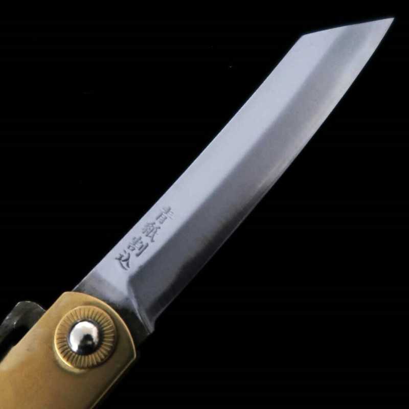 Nagaokanekoma HIGONOKAMI Higonokami Lame Blue Steel Manche en laiton Phénix (72/90 mm)