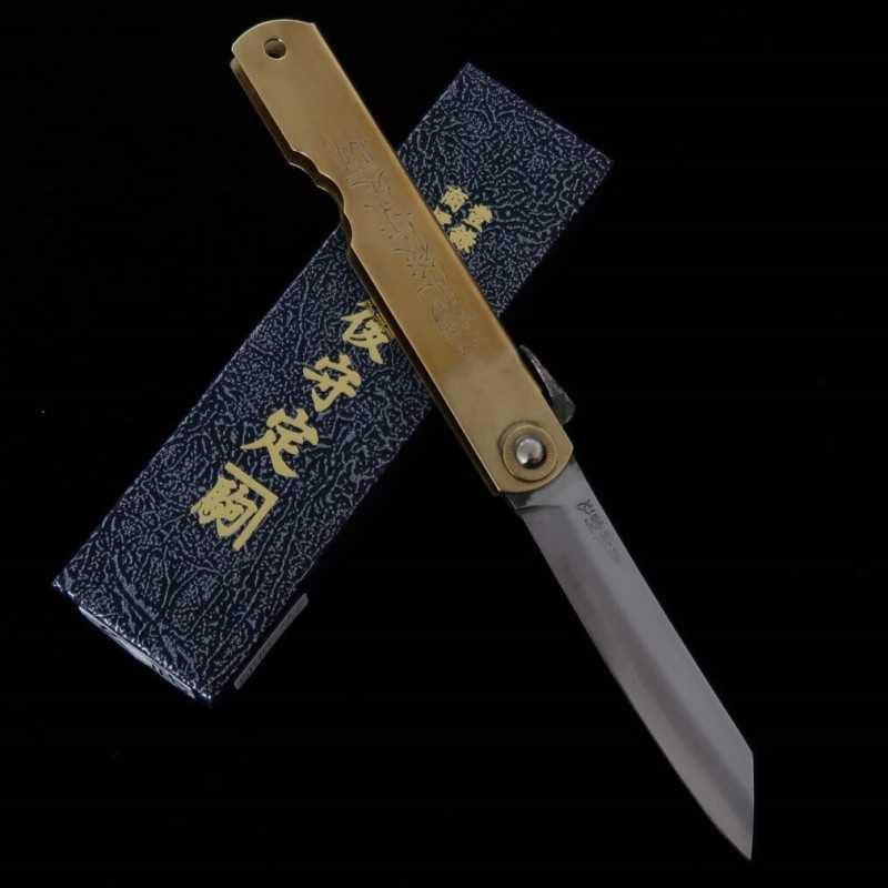 HIGONOKAMI da Fábrica Kanekoma Nagao 【Série Quatro Deuses】Higonokami aço azul laminado cabo de latão Genbu (72/90mm)