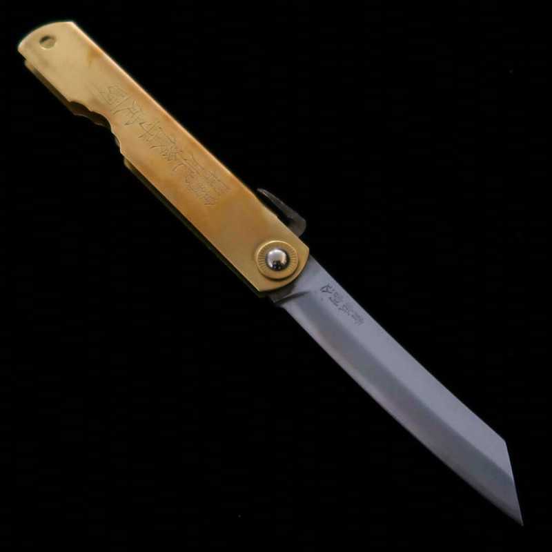 Nagaokanekoma HIGONOKAMI Higonokami Lame Blue Steel Manche en laiton Phénix (72/90 mm)