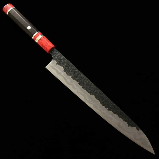 Sujihiki KISUKE Manaka [ENN]  Aogami nº 1 martelado Hon Kasumi Damasco Black cabo personalizado vermelho (270mm)
