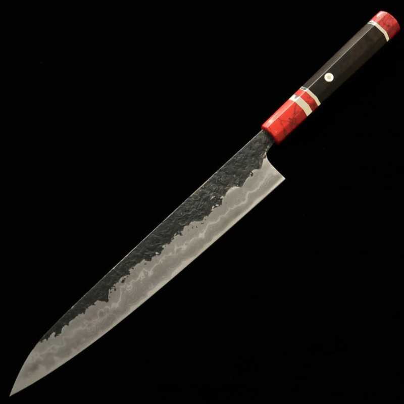 Sujihiki KISUKE [ENN] Manaka Blade Forging Shop Aogami No. 1 Black Hammered Damascus Hon Kasumi To Custom Handle Red (270mm)