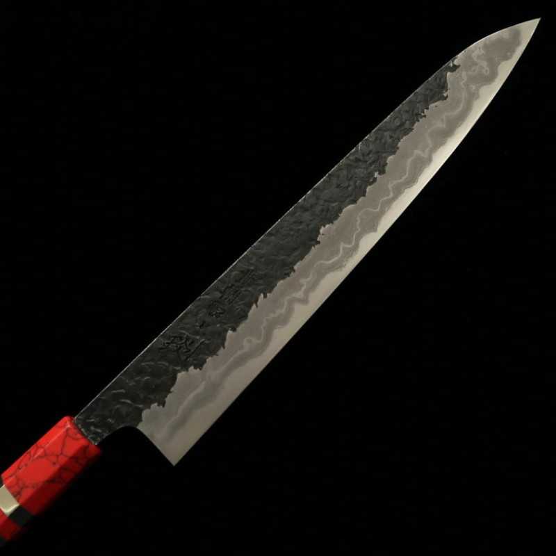 Sujihiki KISUKE [ENN] Manaka Blade Forging Shop Aogami No. 1 Black Hammered Damascus Hon Kasumi To Custom Handle Red (270mm)