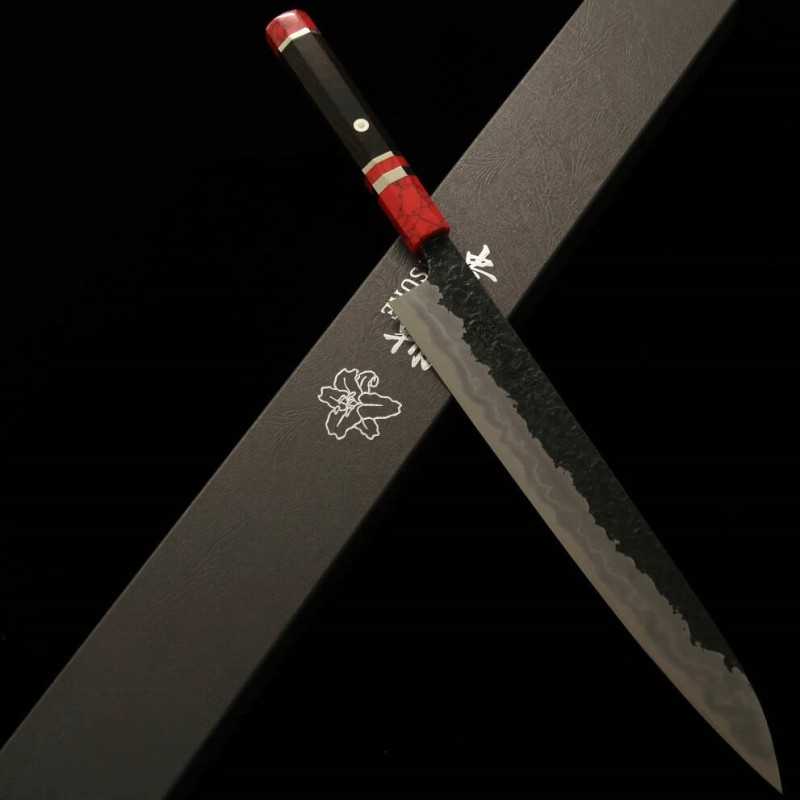 Sujihiki KISUKE [ENN] Manaka Blade Forging Shop Aogami No. 1 Black Hammered Damascus Hon Kasumi To Custom Handle Red (270mm)