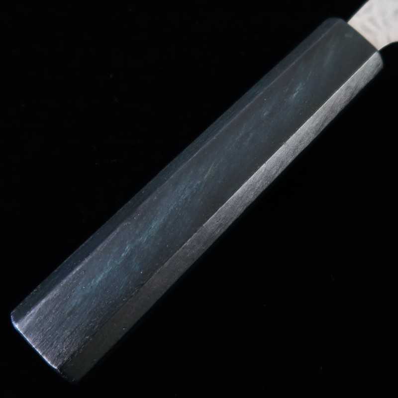 Miura MIURA Hakushi nº1, núcleo de acero al carbono con revestimiento inoxidable, acabado martillado, nakiri, mango octogonal índigo (165 mm)