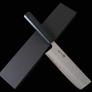 Miura MIURA Hakushi nº1, núcleo de acero al carbono con revestimiento inoxidable, acabado martillado, nakiri, mango octogonal índigo (165 mm)