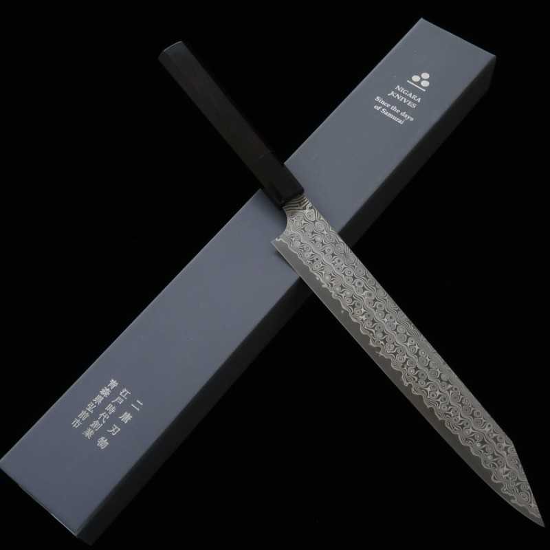 二唐刃物鍛造所 NIGARA SG2 暗紋切付筋引　黒水牛黒檀柄 (255mm)