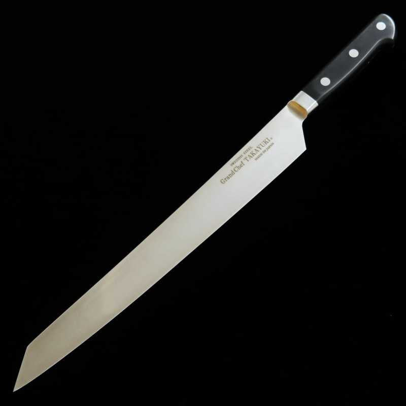 SAKAI TAKAYUKI,  Grand Chef Hien Série Acier spécial, Yanagiba Kiritsuke,  Fourreau noir Ishime (300 mm)