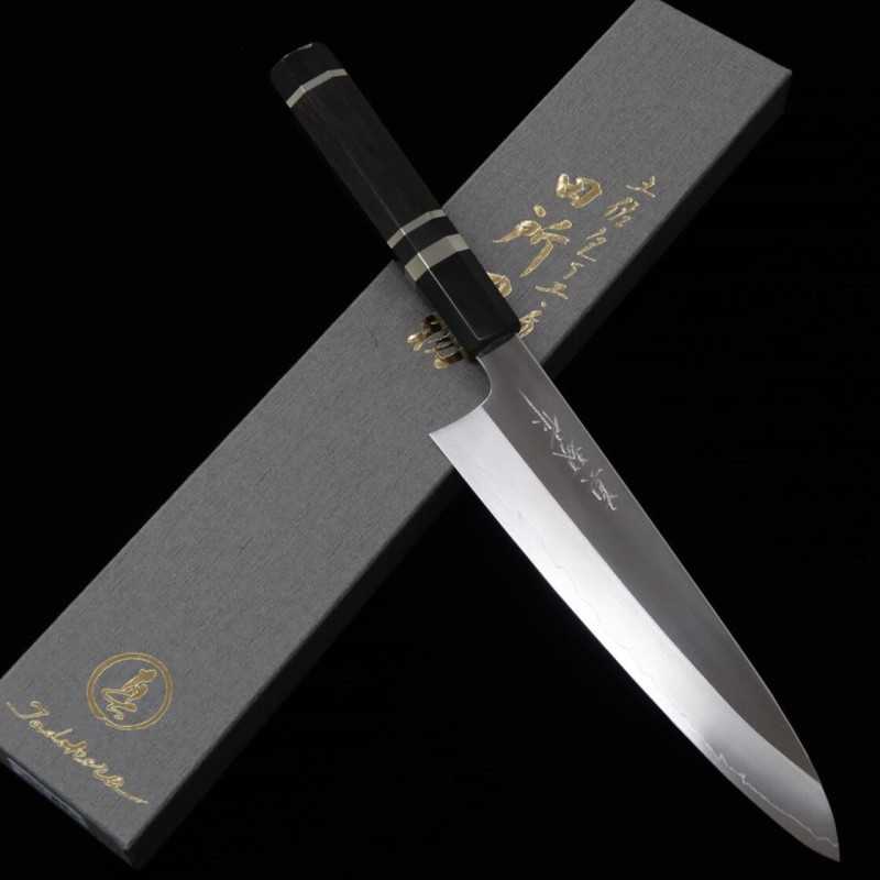 Gyuto TADOKORO HAMONO Makoto Ginsan Steel Mirror Finish with Ebony Silver Wrapped Octagonal Handle (210mm)