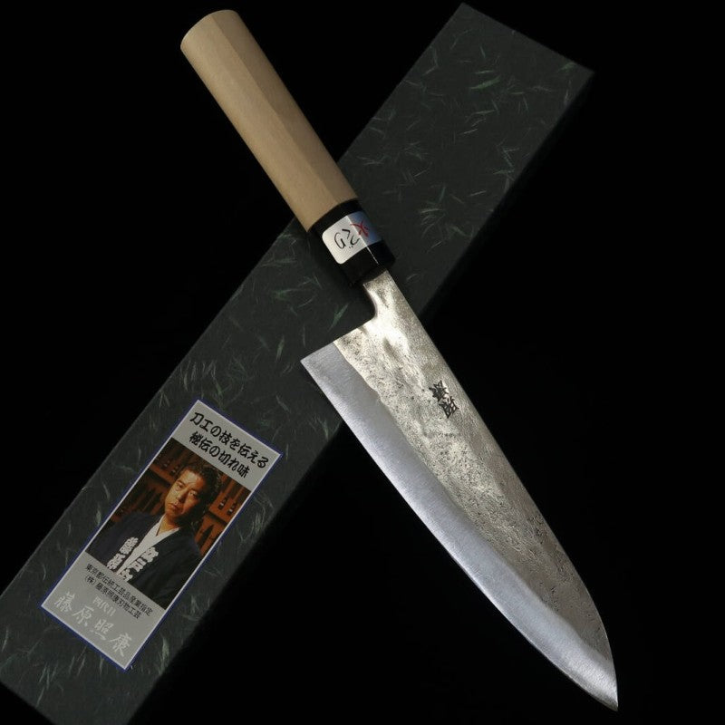 Faca Gyuto TERUYASU FUJIWARA estilo japonês, lâmina Shirogami No. 1 com acabamento Nashi, cabo de madeira de magnólia (180-210mm)