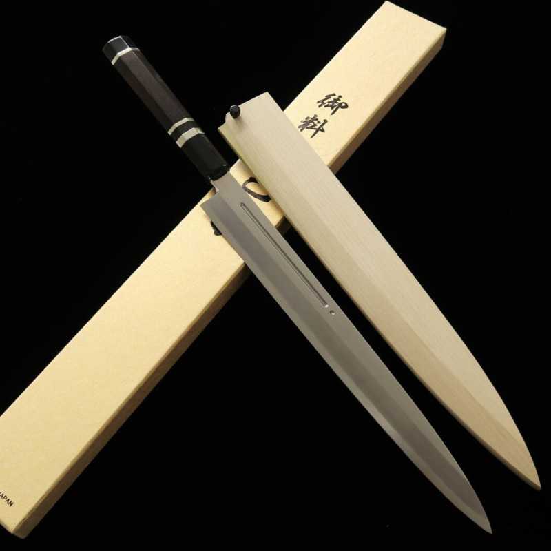 MIURA Miura yanagiba Gingami No.3 con canal de sangre, mango de ébano con virola de plata, funda de magnolia (300 mm)